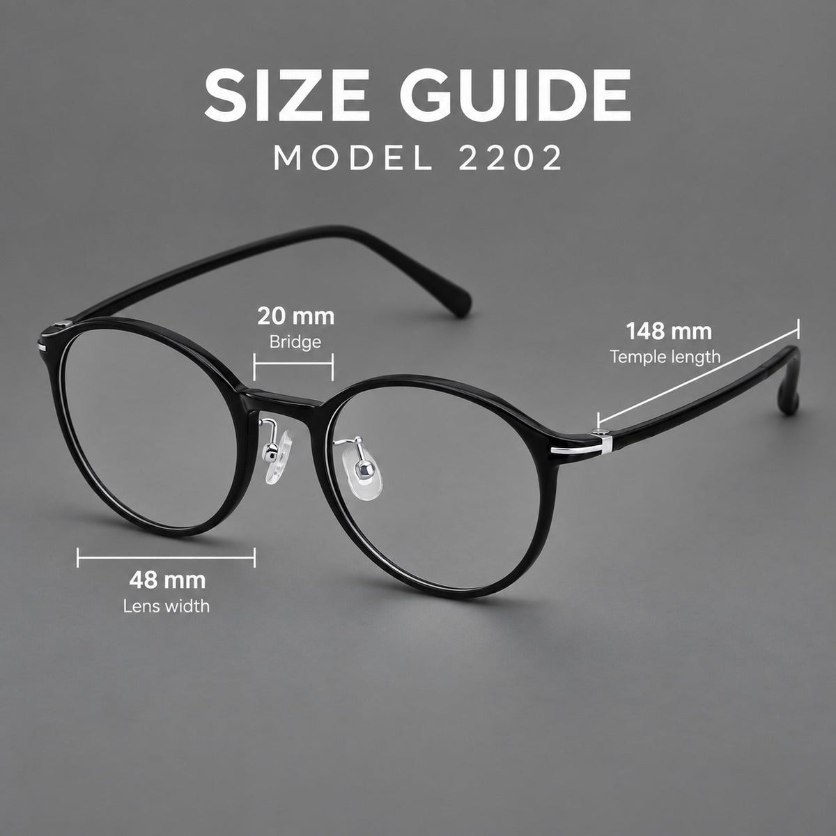 Compact round plastic eyeglasses with gently lifted corners and clear nose pads, size guide in millimetres