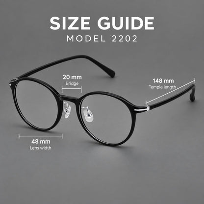 Compact round plastic eyeglasses with gently lifted corners and clear nose pads, size guide in millimetres additional product view