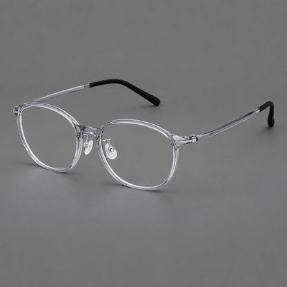 Slim oval plastic eyeglasses with a low profile and subtle metal corner accents in Clear Gray, three quarter view front view
