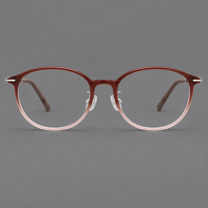 Slim oval plastic eyeglasses with a low profile and subtle metal corner accents in Red Brown Gradient, front view temple detail