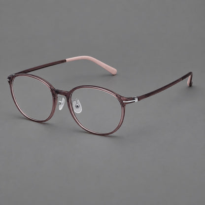 Slim oval plastic eyeglasses with a low profile and subtle metal corner accents in Purple, three quarter view additional product view