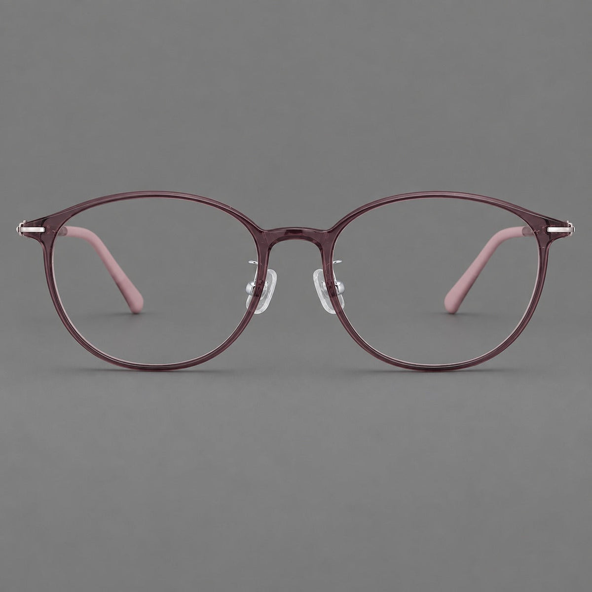Slim oval plastic eyeglasses with a low profile and subtle metal corner accents in Purple, front view