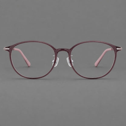 Slim oval plastic eyeglasses with a low profile and subtle metal corner accents in Purple, front view additional product view