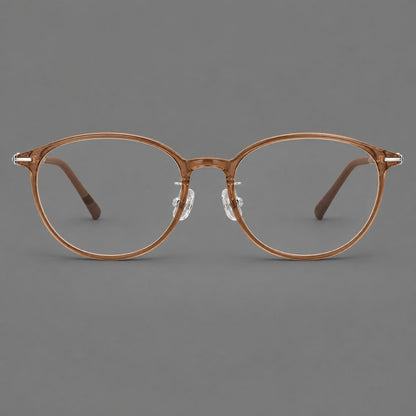 Slim oval plastic eyeglasses with a low profile and subtle metal corner accents in Honey Tea, front view additional product view