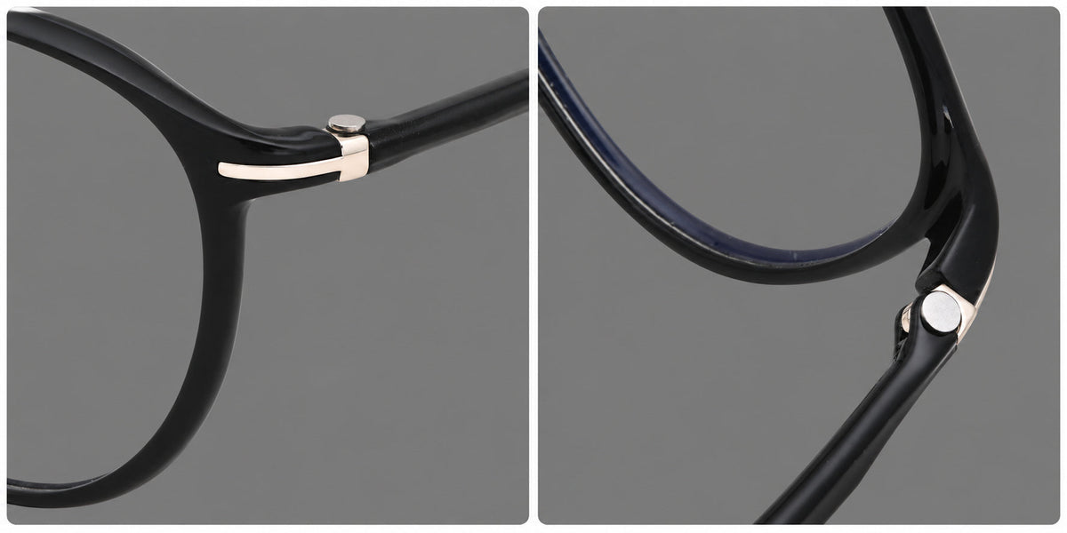 Slim oval plastic eyeglasses with a low profile and subtle metal corner accents, frame details