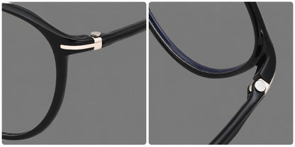 Slim oval plastic eyeglasses with a low profile and subtle metal corner accents, frame details additional product view