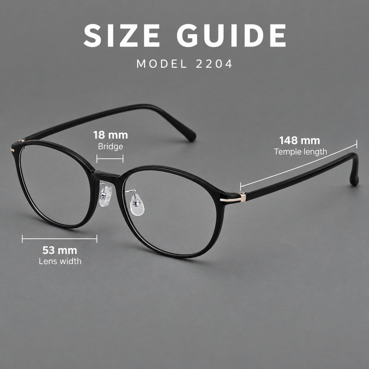 Slim oval plastic eyeglasses with a low profile and subtle metal corner accents, size guide in millimetres