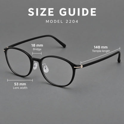 Slim oval plastic eyeglasses with a low profile and subtle metal corner accents, size guide in millimetres additional product view