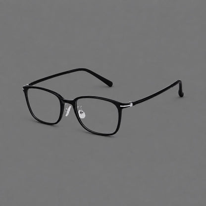 Classic square plastic eyeglasses with broad lenses and softly rounded edges in Glossy Black, three quarter view