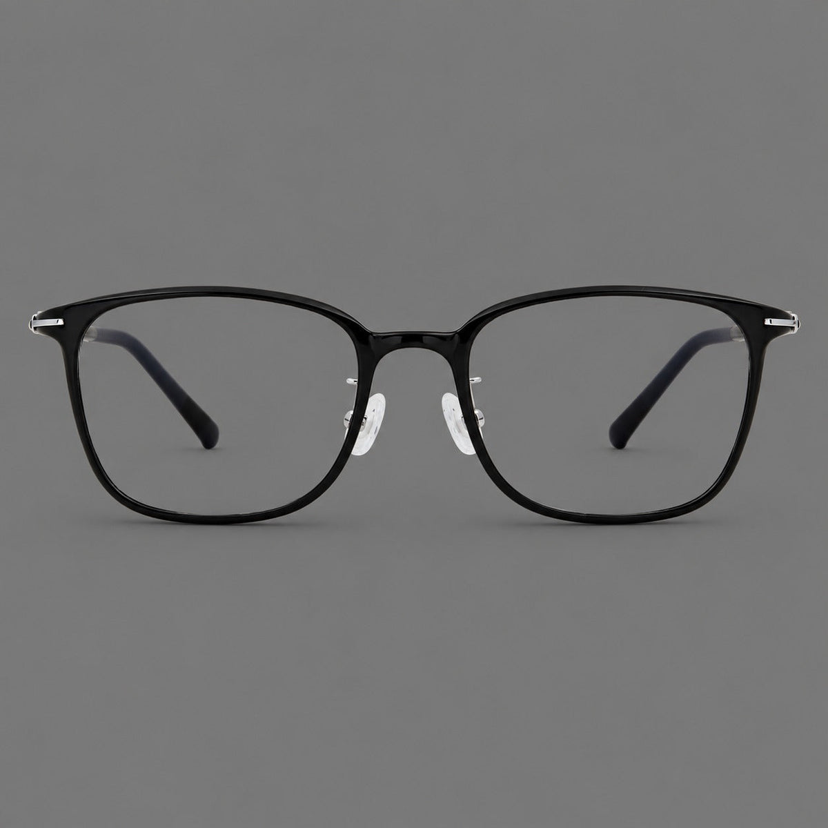 Classic square plastic eyeglasses with broad lenses and softly rounded edges in Glossy Black, front view