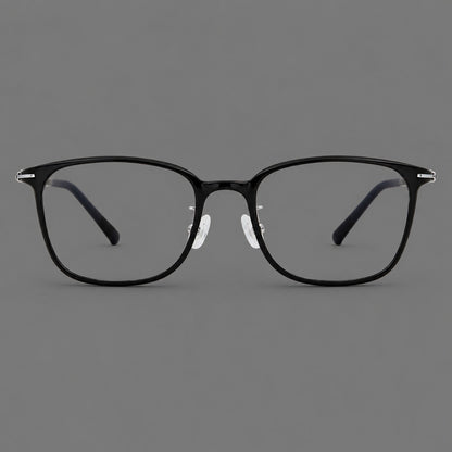 Classic square plastic eyeglasses with broad lenses and softly rounded edges in Glossy Black, front view side view