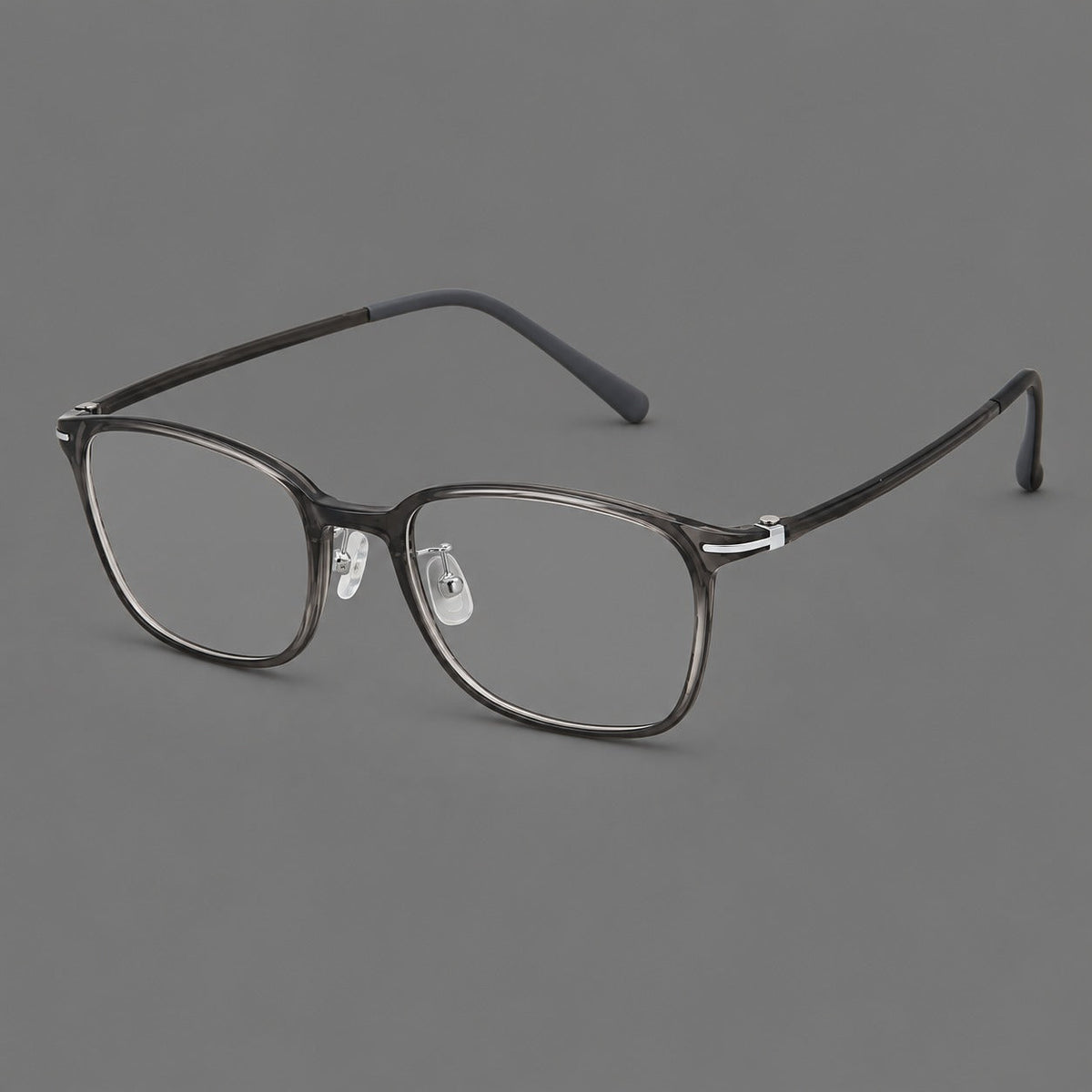 Classic square plastic eyeglasses with broad lenses and softly rounded edges in Dark Gray, three quarter view
