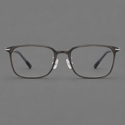 Classic square plastic eyeglasses with broad lenses and softly rounded edges in Dark Gray, front view frame detail