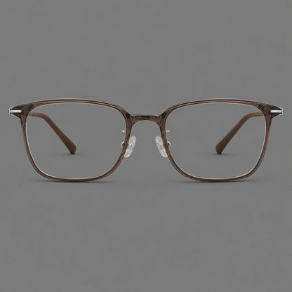 Classic square plastic eyeglasses with broad lenses and softly rounded edges in Ink Brown, front view temple detail