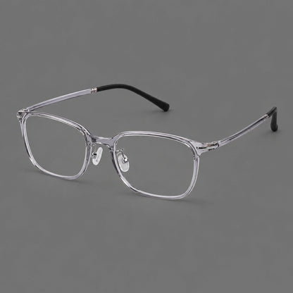 Classic square plastic eyeglasses with broad lenses and softly rounded edges in Clear Gray, three quarter view additional product view