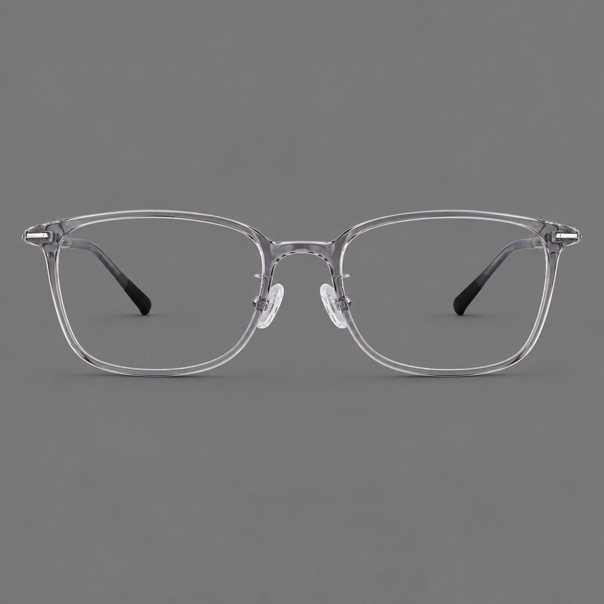 Classic square plastic eyeglasses with broad lenses and softly rounded edges in Clear Gray, front view