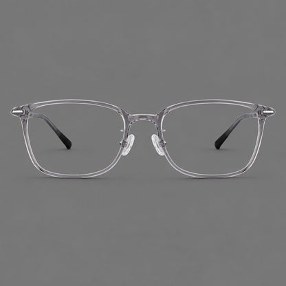 Classic square plastic eyeglasses with broad lenses and softly rounded edges in Clear Gray, front view additional product view