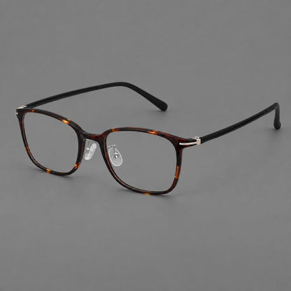 Classic square plastic eyeglasses with broad lenses and softly rounded edges in Tortoiseshell, three quarter view additional product view