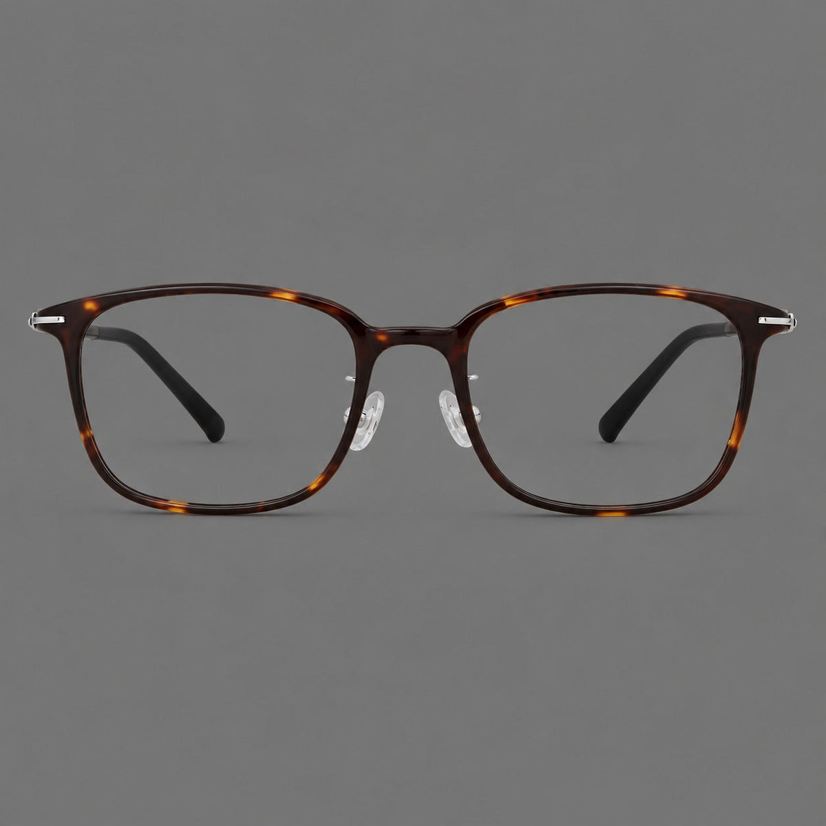 Classic square plastic eyeglasses with broad lenses and softly rounded edges in Tortoiseshell, front view