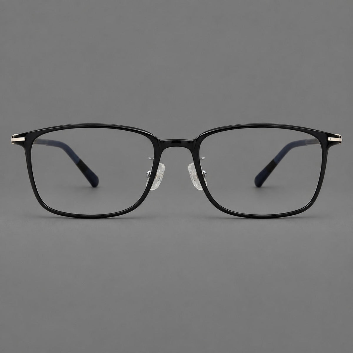 Low profile rectangular plastic eyeglasses with a straight browline and slim temples in Glossy Black, front view