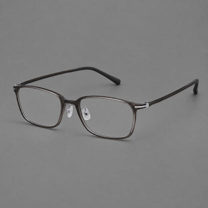 Low profile rectangular plastic eyeglasses with a straight browline and slim temples in Dark Gray, three quarter view front view