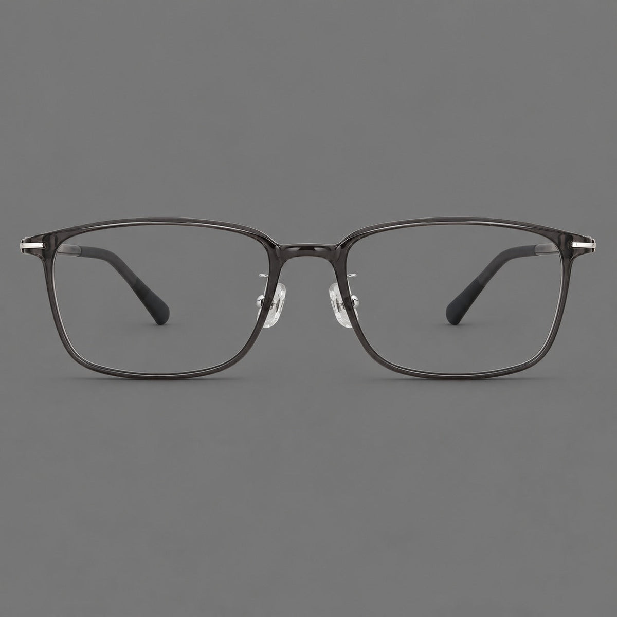 Low profile rectangular plastic eyeglasses with a straight browline and slim temples in Dark Gray, front view