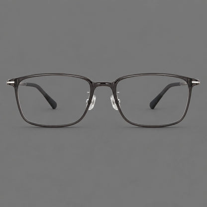 Low profile rectangular plastic eyeglasses with a straight browline and slim temples in Dark Gray, front view frame detail