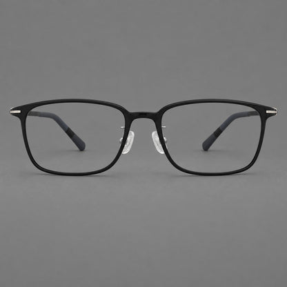 Low profile rectangular plastic eyeglasses with a straight browline and slim temples in Matte Black, front view temple detail