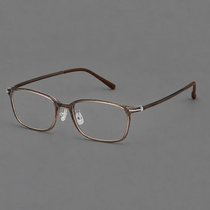 Low profile rectangular plastic eyeglasses with a straight browline and slim temples in Ink Brown, three quarter view additional product view
