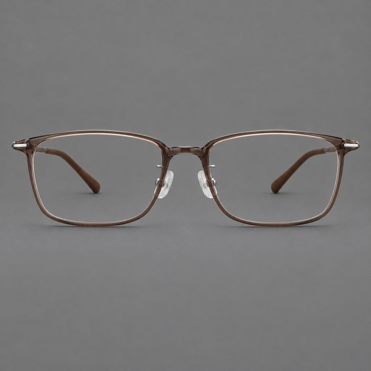 Low profile rectangular plastic eyeglasses with a straight browline and slim temples in Ink Brown, front view