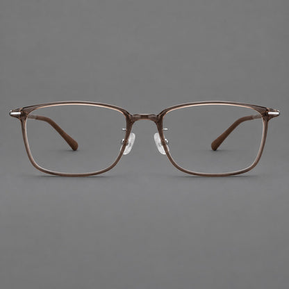Low profile rectangular plastic eyeglasses with a straight browline and slim temples in Ink Brown, front view additional product view