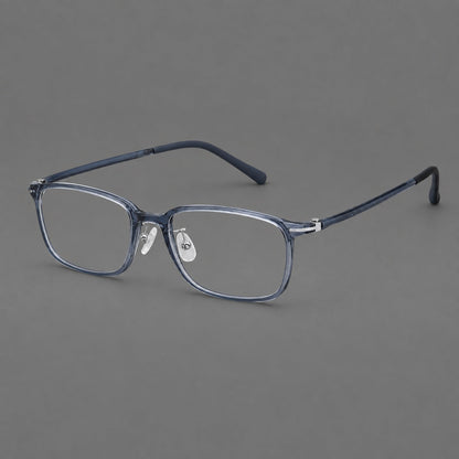 Low profile rectangular plastic eyeglasses with a straight browline and slim temples in Slate Blue, three quarter view additional product view