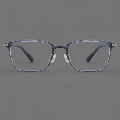 Low profile rectangular plastic eyeglasses with a straight browline and slim temples in Slate Blue, front view additional product view