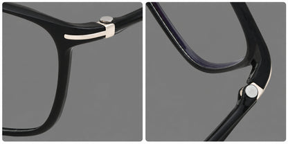 Low profile rectangular plastic eyeglasses with a straight browline and slim temples, frame details additional product view