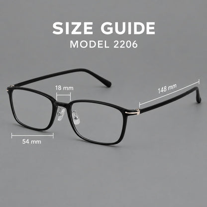 Low profile rectangular plastic eyeglasses with a straight browline and slim temples, size guide in millimetres additional product view