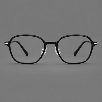 Rounded geometric plastic eyeglasses with softly angled rims and a curved bridge in Glossy Black, front view side view