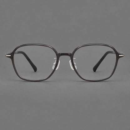 Rounded geometric plastic eyeglasses with softly angled rims and a curved bridge in Dark Gray, front view frame detail