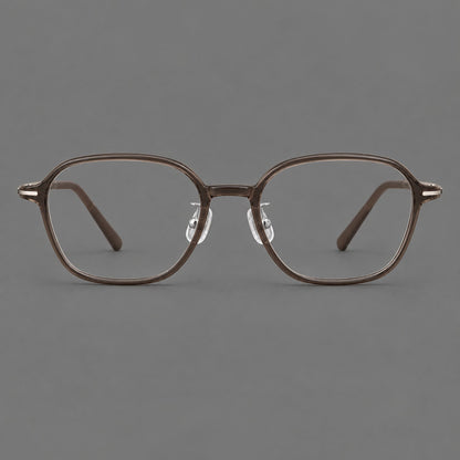 Rounded geometric plastic eyeglasses with softly angled rims and a curved bridge in Ink Brown, front view temple detail