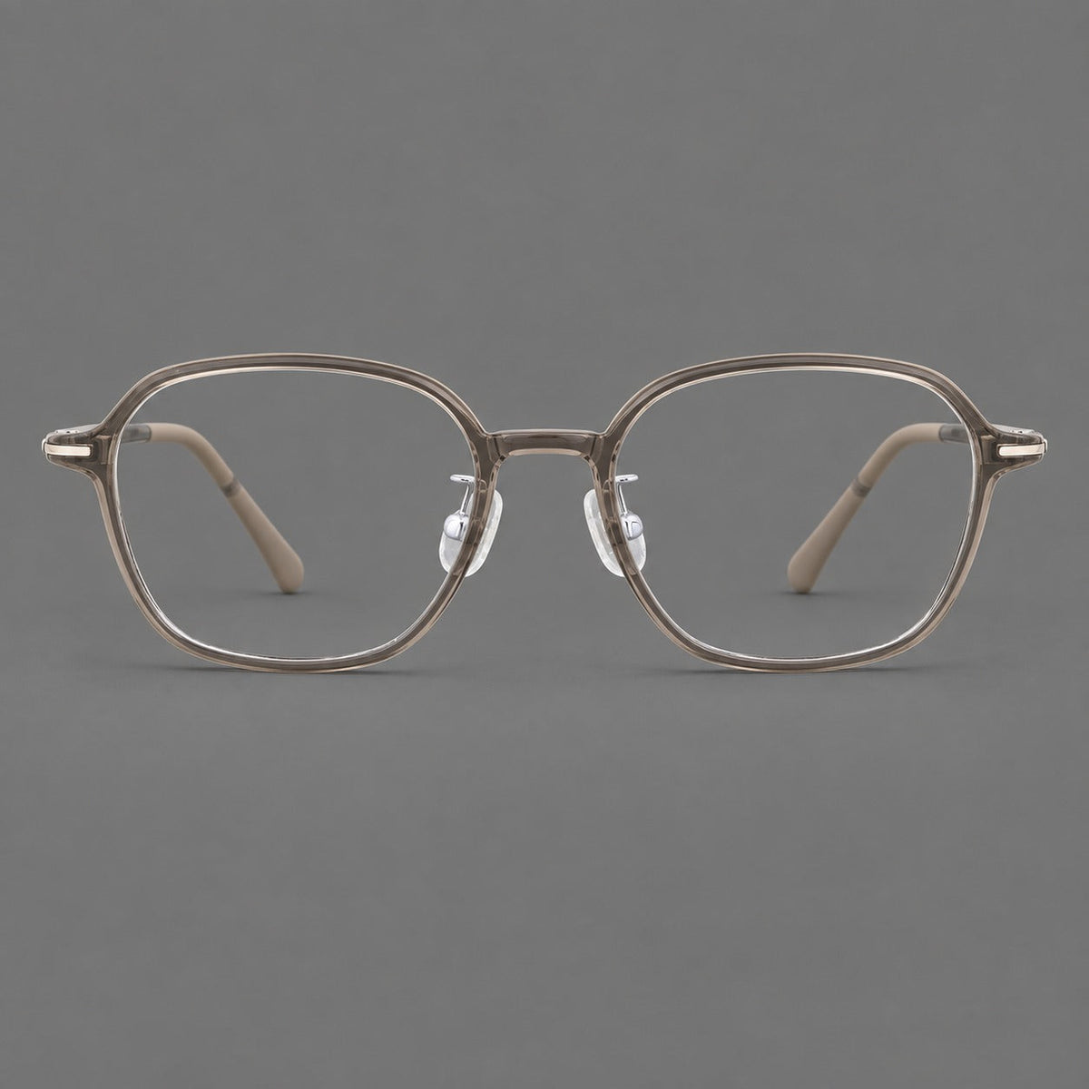 Rounded geometric plastic eyeglasses with softly angled rims and a curved bridge in Twilight Gray Tea, front view