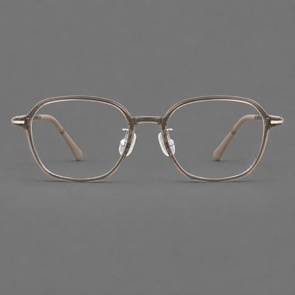 Rounded geometric plastic eyeglasses with softly angled rims and a curved bridge in Twilight Gray Tea, front view additional product view