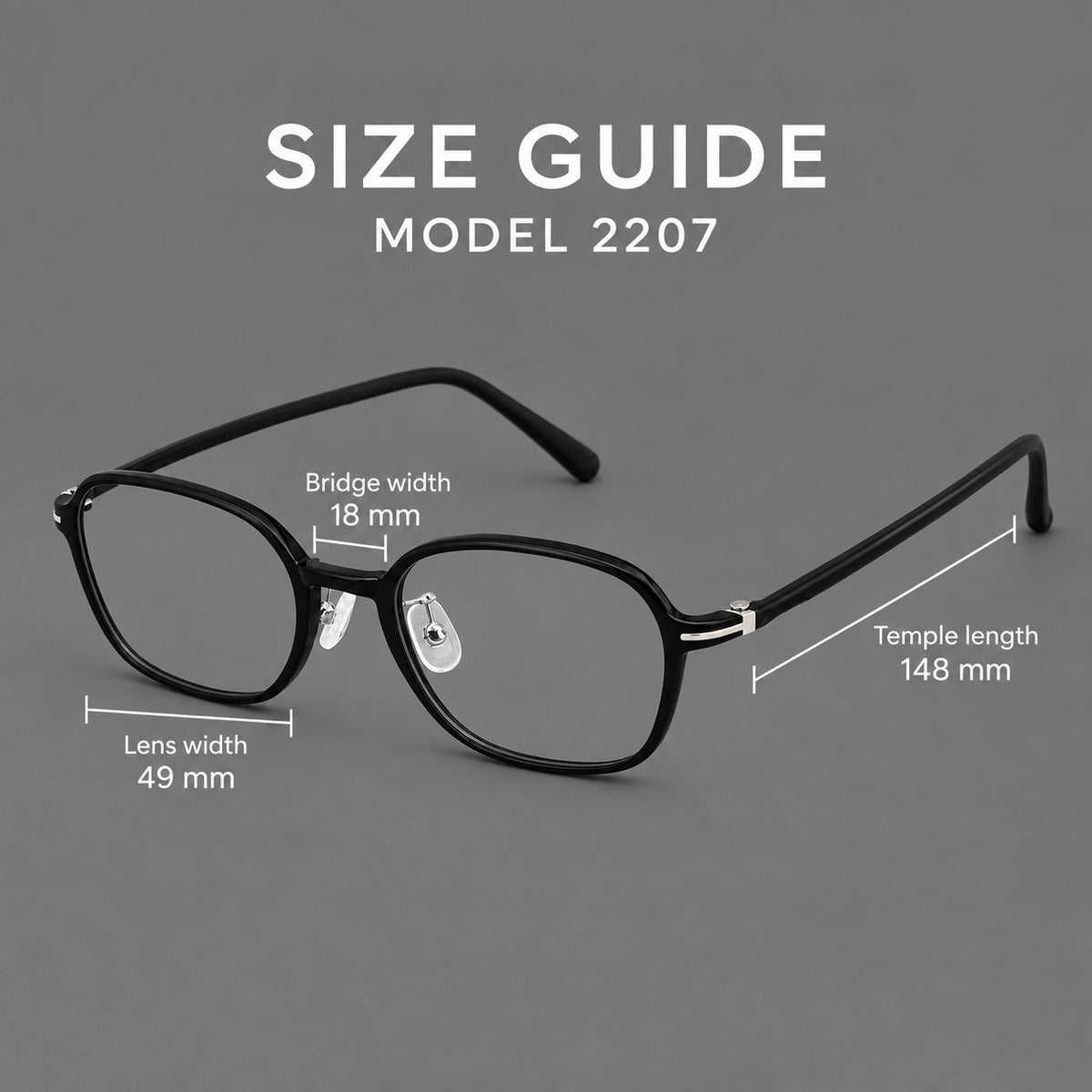 Rounded geometric plastic eyeglasses with softly angled rims and a curved bridge, size guide in millimetres