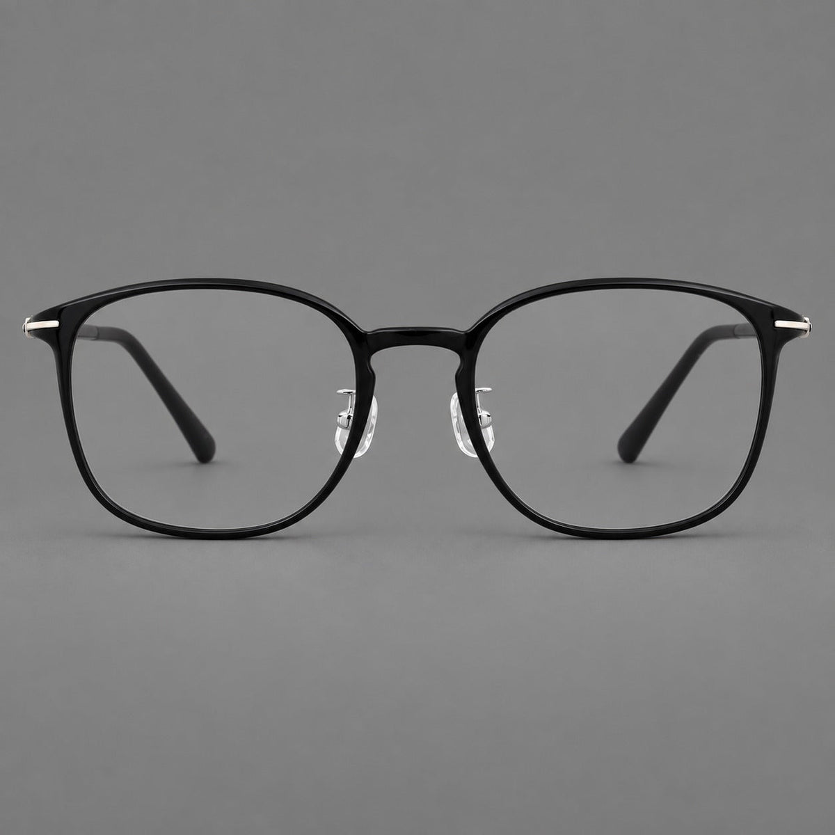 Vintage soft square plastic eyeglasses with deep lenses and a gently arched bridge in Glossy Black, front view