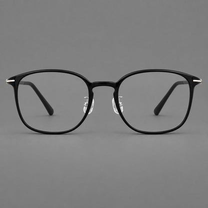 Vintage soft square plastic eyeglasses with deep lenses and a gently arched bridge in Glossy Black, front view side view