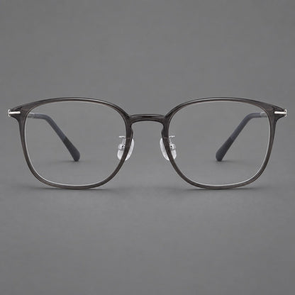 Vintage soft square plastic eyeglasses with deep lenses and a gently arched bridge in Dark Gray, front view frame detail
