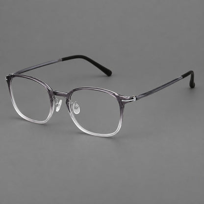 Vintage soft square plastic eyeglasses with deep lenses and a gently arched bridge in Ink Gray Gradient, three quarter view lens detail