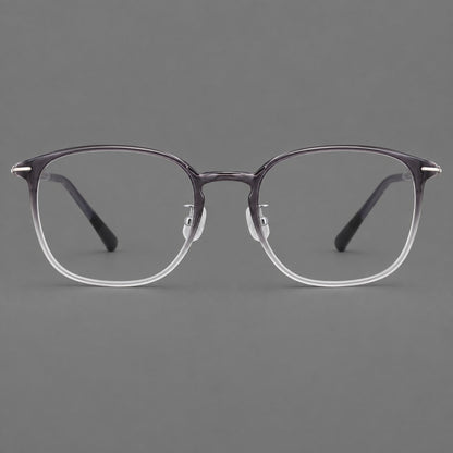 Vintage soft square plastic eyeglasses with deep lenses and a gently arched bridge in Ink Gray Gradient, front view temple detail