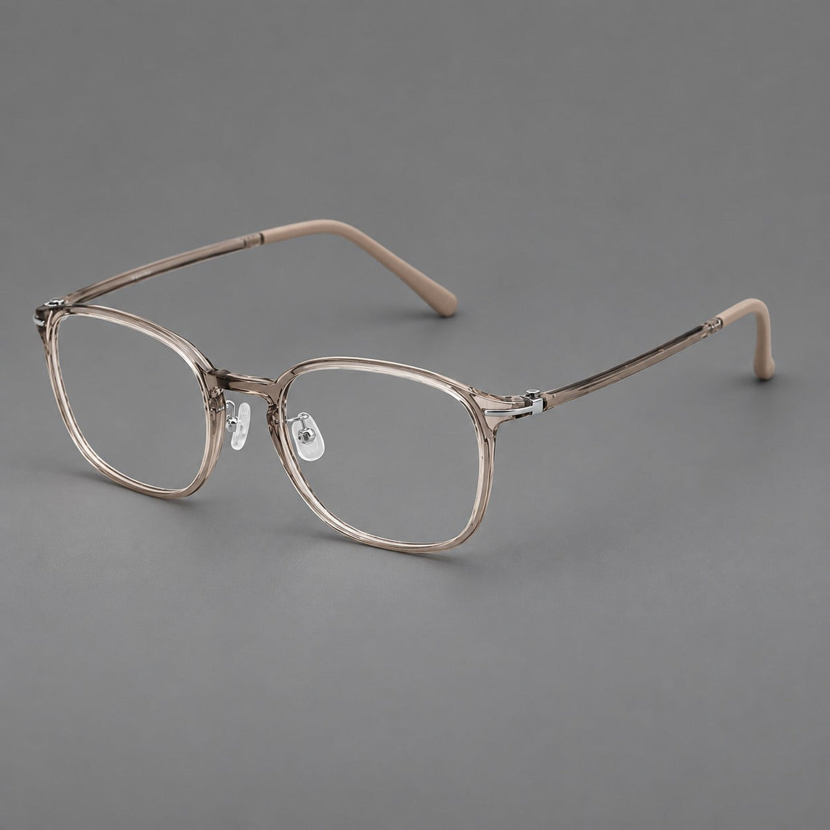 Vintage soft square plastic eyeglasses with deep lenses and a gently arched bridge in Twilight Gray Tea, three quarter view