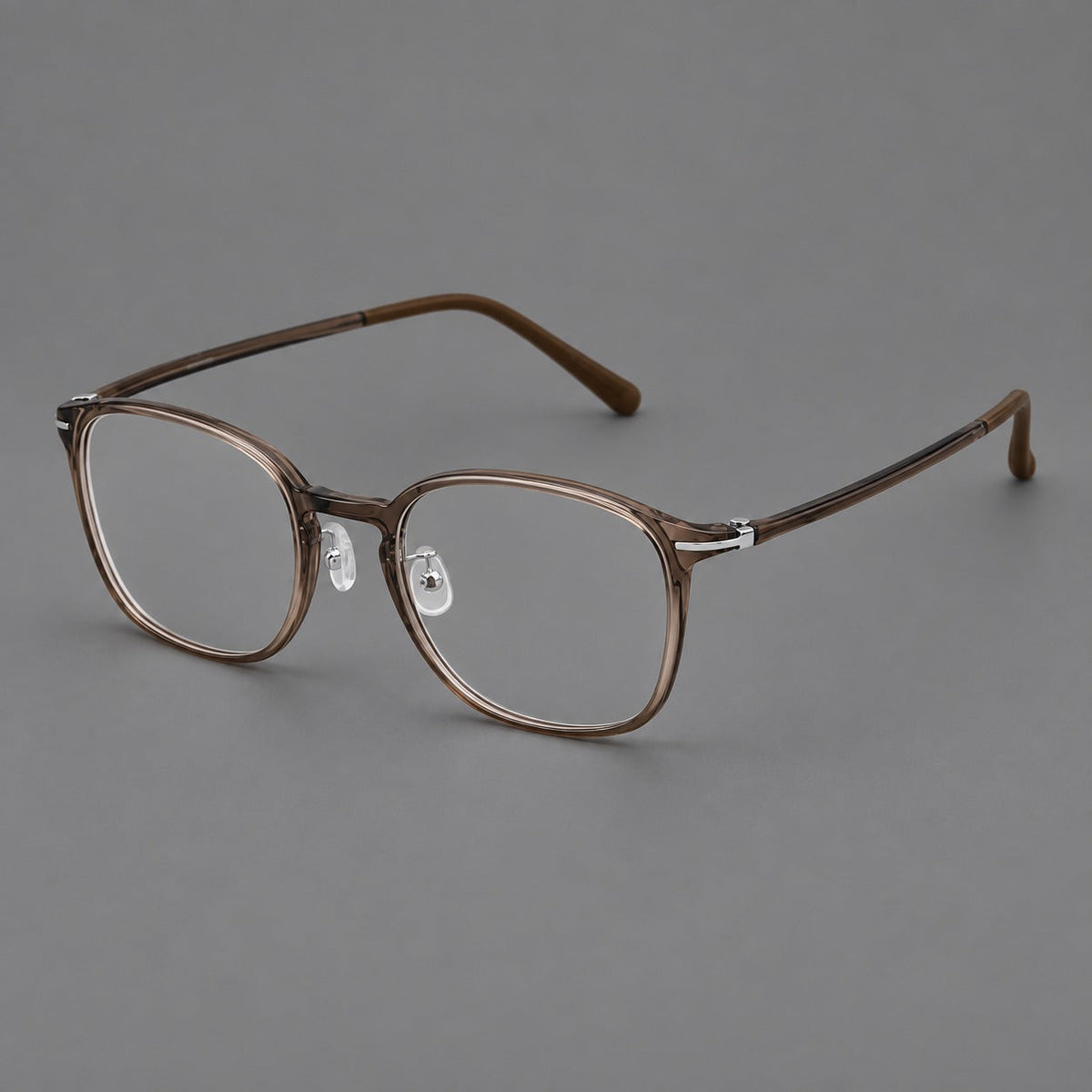 Vintage soft square plastic eyeglasses with deep lenses and a gently arched bridge in Ink Brown, three quarter view