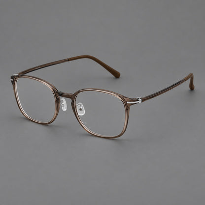 Vintage soft square plastic eyeglasses with deep lenses and a gently arched bridge in Ink Brown, three quarter view additional product view