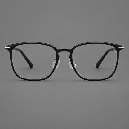 Bold square plastic eyeglasses with a defined browline and an open bridge in Glossy Black, front view side view